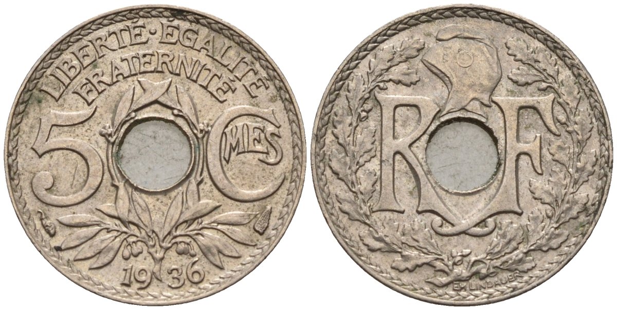 Франция 5 сантимов 1936 KM 875 медно-никель 4596-641