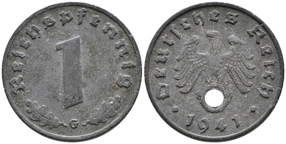 ГЕРМАНИЯ 1 РЕЙХСПФЕННИГ 1941 G KM 97, J 369 цинк 4528-263