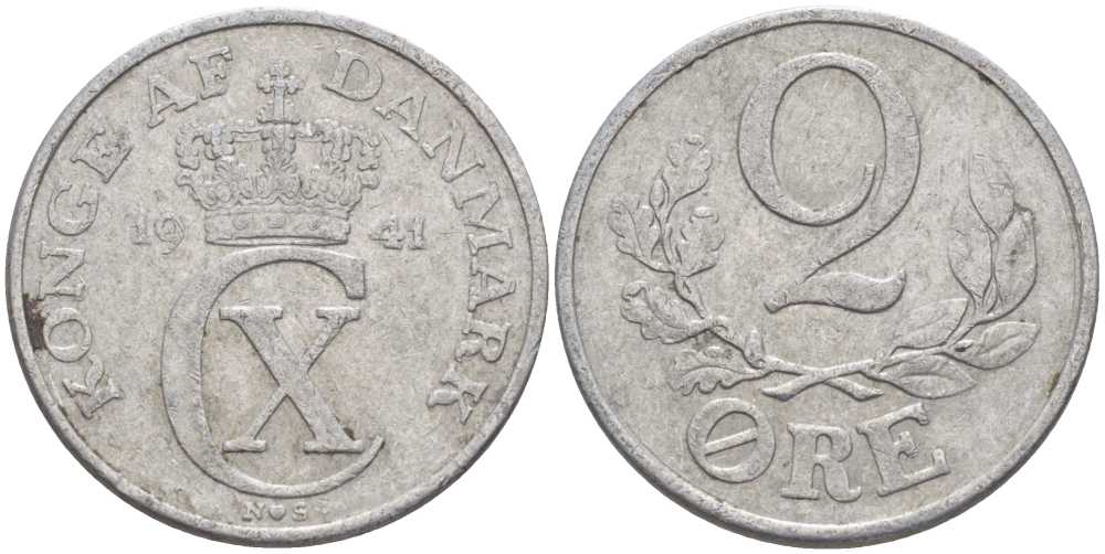 ДАНИЯ 2 ЭРЕ 1941 N; S, КРИСТИАН X (1912-1947) KM 833 алюминий 67-523