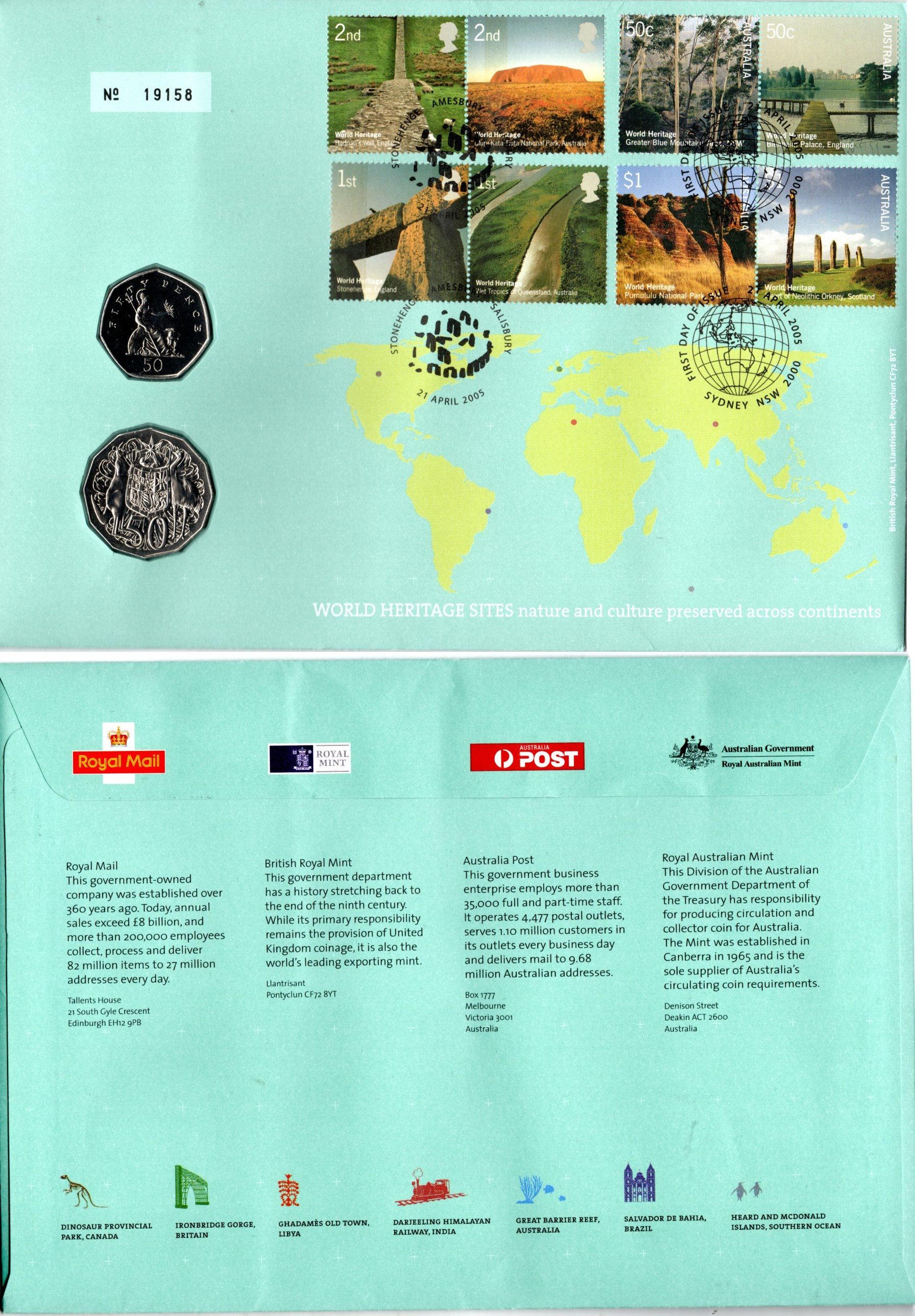 Великобритания и Австралия красочный набор из 2 монет (50 пенсов) 2005 в оригинальном конверте, с марками, первый день гашения KM 404 и 991 BU 8-2-06-43