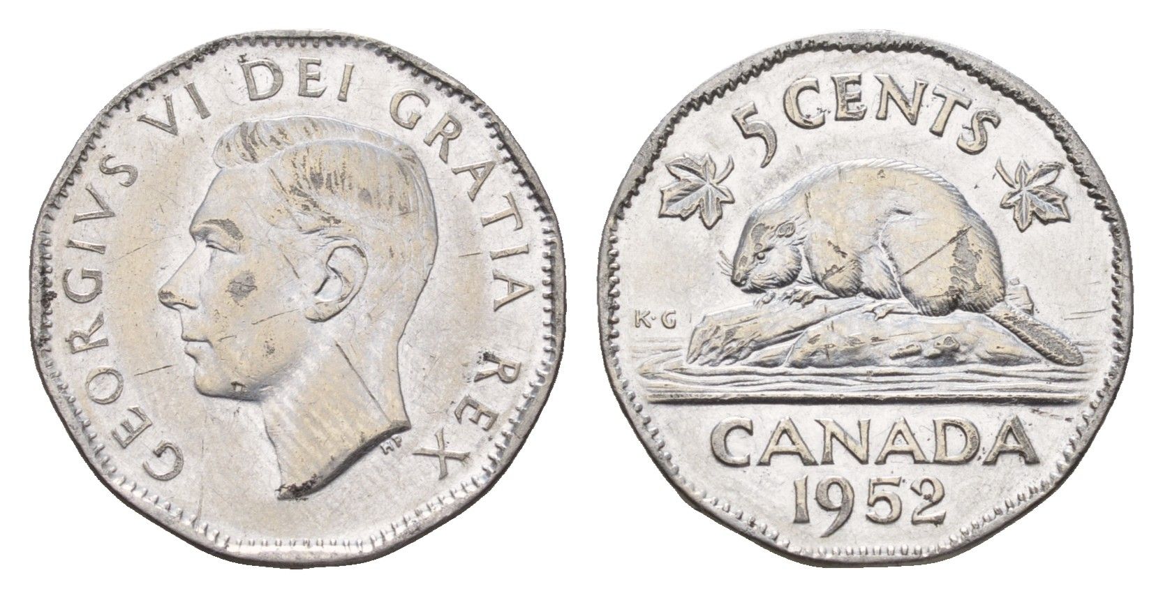 Канада 5 центов 1952 Георг VI (1936-1952), бобер KM 42a хромированная сталь 75-1642