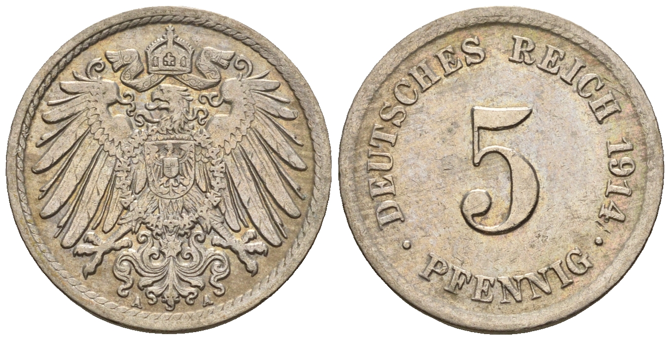 Германия 5 пфеннигов 1914 A, KM 11, J. 12 медно-никель 220-738