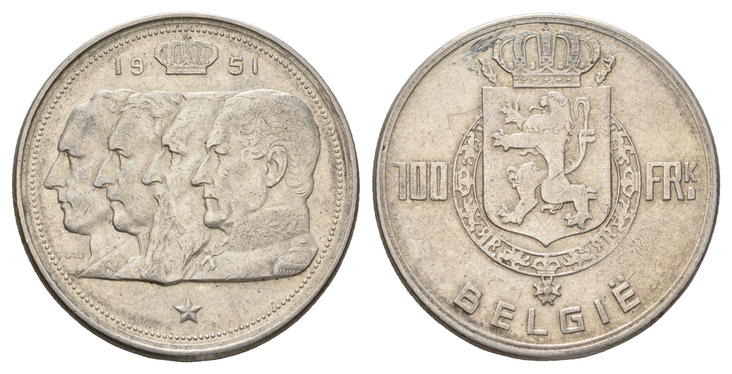 Бельгия 100 франков 1951 Бодуэн I (1951-1993), Belgiqe KM 139 серебро 1519-845