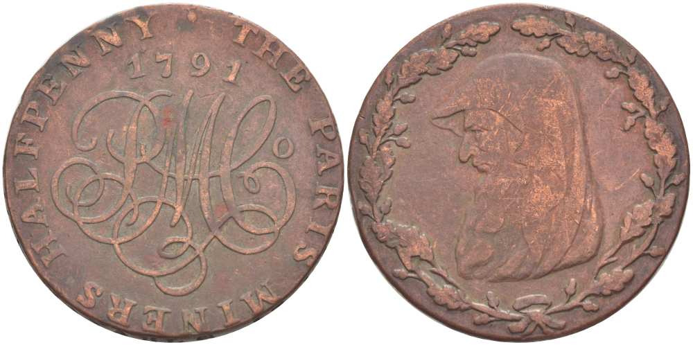Великобритания 1/2 пенни 1791 компания Парис Майнс (Parys Mines Company), бюст Друида Dalton & Hamer 266-416 медь 1518-1444