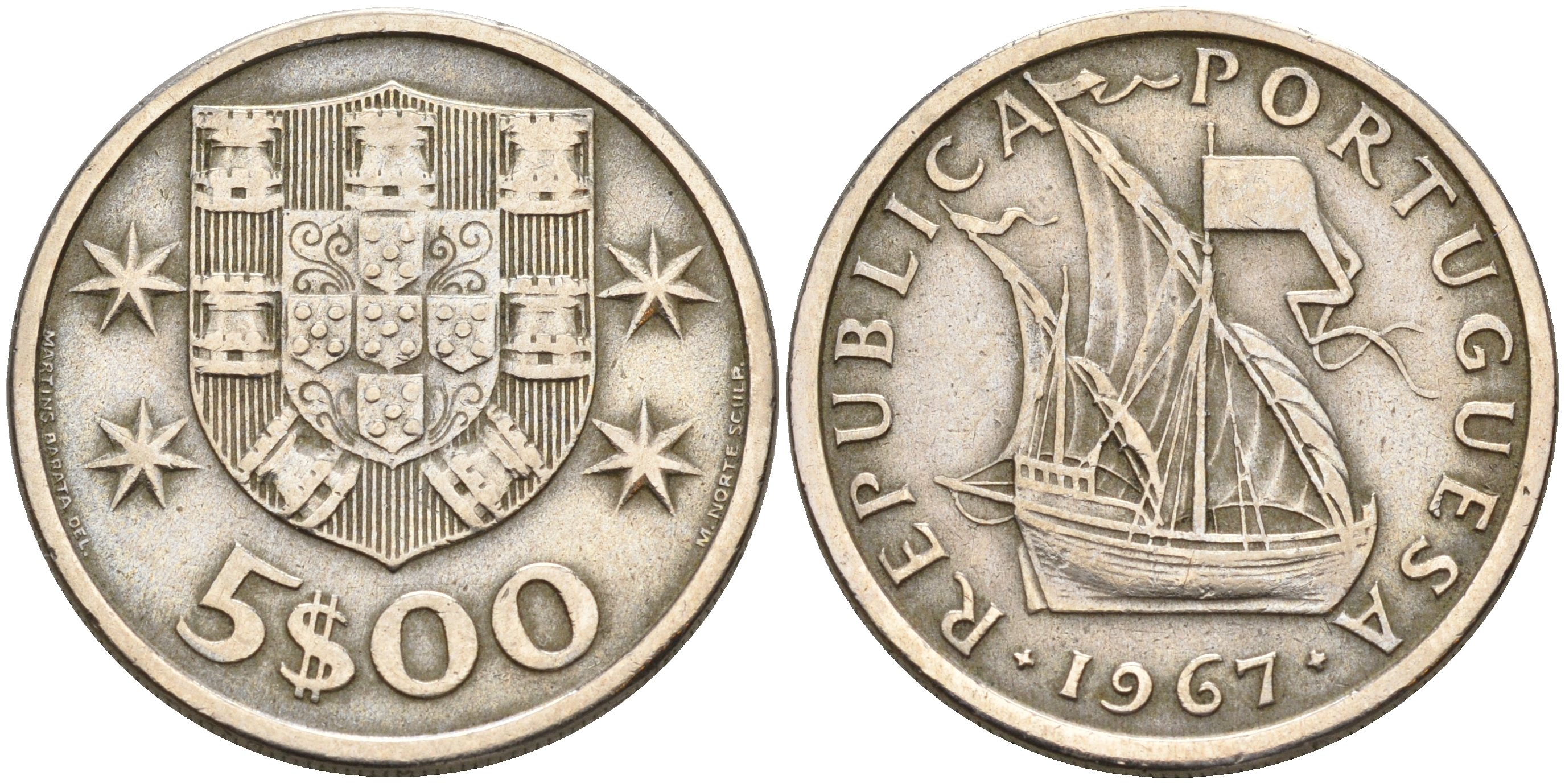 Португалия 5 эскудо 1967 парусник KM 591 медно-никель    4161-754