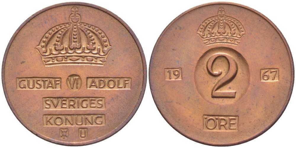 Швеция 2 эре 1967 U, Густав VI Адольф (1950-1973) KM 821 бронза 4519-724