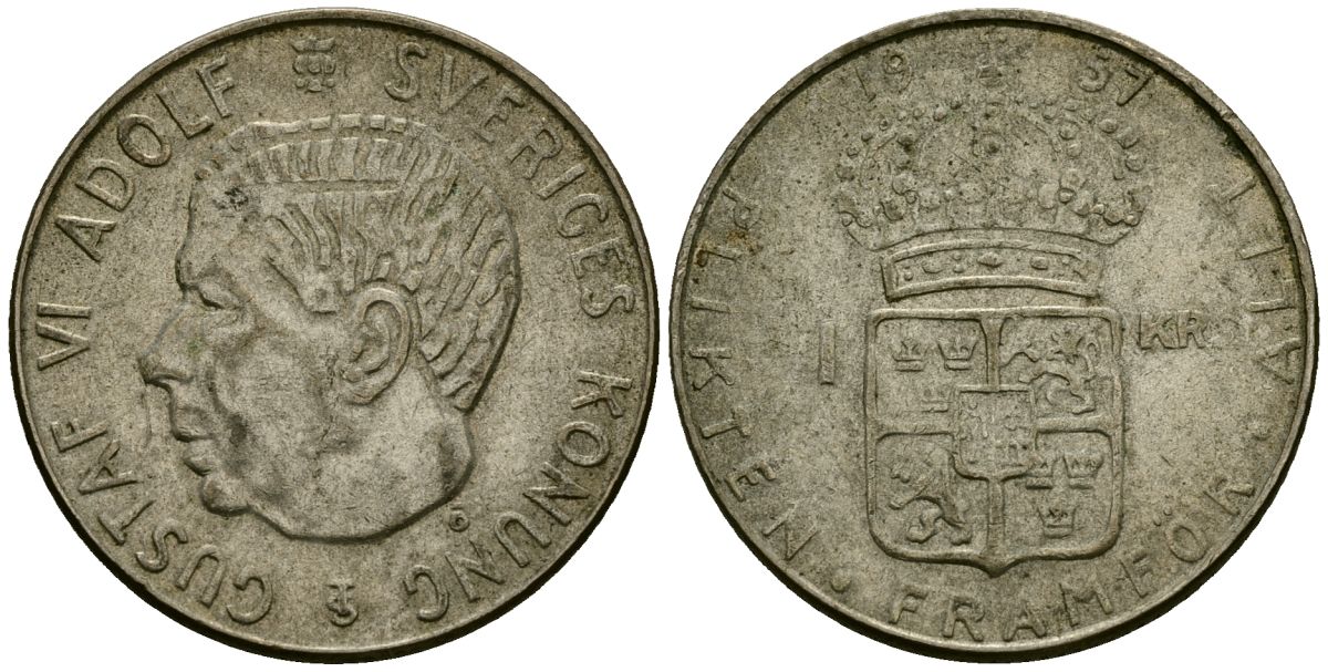 Швеция 1 крона 1957 TS, Густав VI Адольф (1950-1973) KM 826 серебро 4138-823