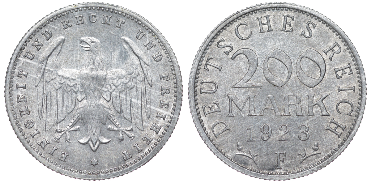 Германия 200 марок 1923 F KM 35, J. 304, Weege 22 алюминий 4604-625