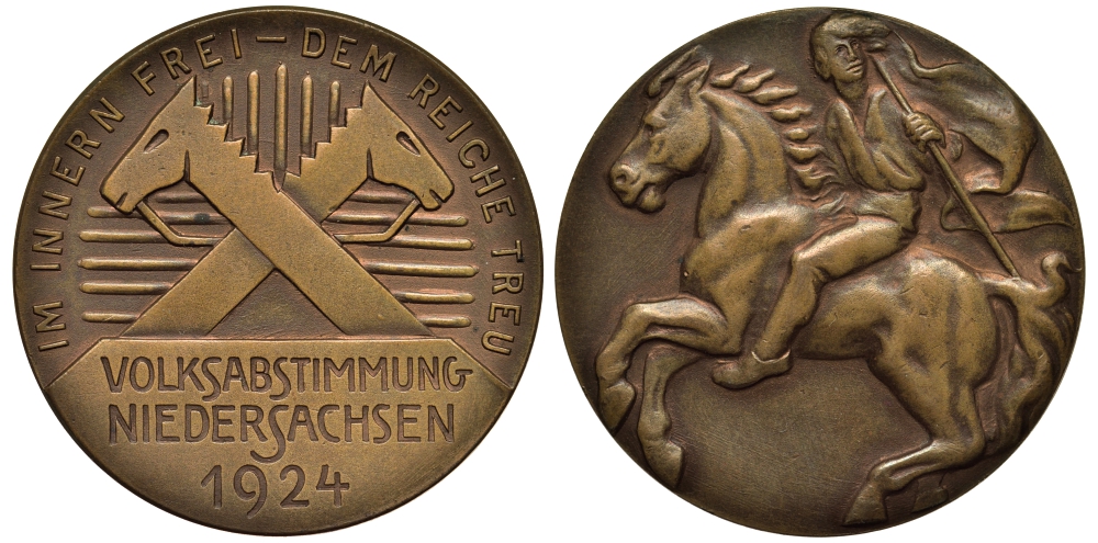 Германия медаль 1924 референдум Нижней Саксонии, 40 мм, 25,8 гр  бронза  UNC  1072-9-32