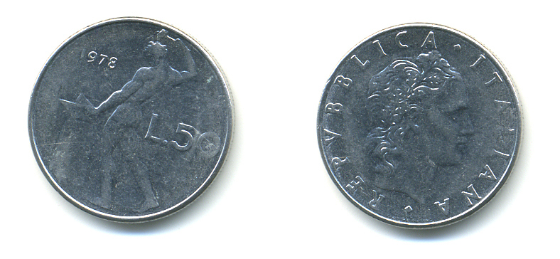 ИТАЛИЯ 50 ЛИР 1978 R, БОГ ОГНЯ ВУЛКАН У НАКОВАЛЬНИ KM 95.1 нержавеющая сталь 3999-1253