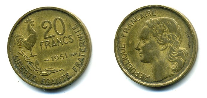 ФРАНЦИЯ 20 ФРАНКОВ 1951 ПЕТУХ, 4 ПЕРА KM 917.1, LE FRANC 402.7 алюминивая бронза 25-2436