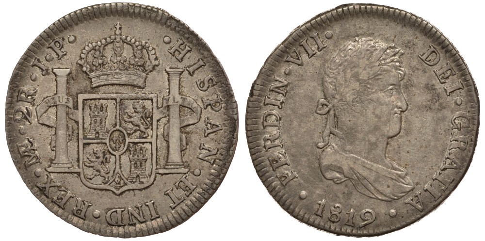 Перу 2 реала 1819 JP, монетный двор ME (Лима), Фердинанд VII Испанский (1808-1821) KM 115.1 серебро 00-000-00