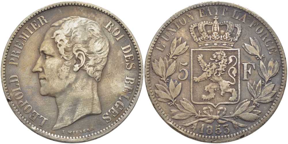 Бельгия 5 франков 1853 Леопольд I (1831-1865) KM 17 серебро 5010-824