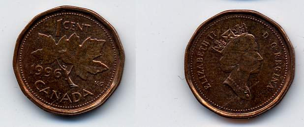Канада 1 цент 1996 Елизавета II (1952-2022), кленовый лист KM 181 бронза 54-164