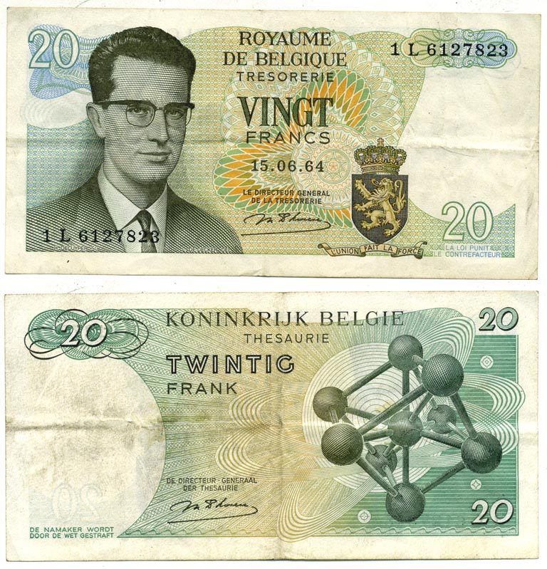 Бельгия 20 франков 1964 Бодуэн I, атомиум, d Haeze Pick 138 (1) бумага 8614-21-4-2