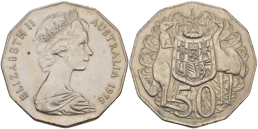 Австралия 50 центов 1975 Елизавета II (1952-2022), герб Австралии, кенгуру KM 68 медно-никель 32-1145