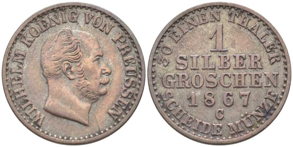 ПРУССИЯ 1 ГРОШ 1867 С, ВИЛЬГЕЛЬМ I (1861-1888) KM 485 серебро 201-641