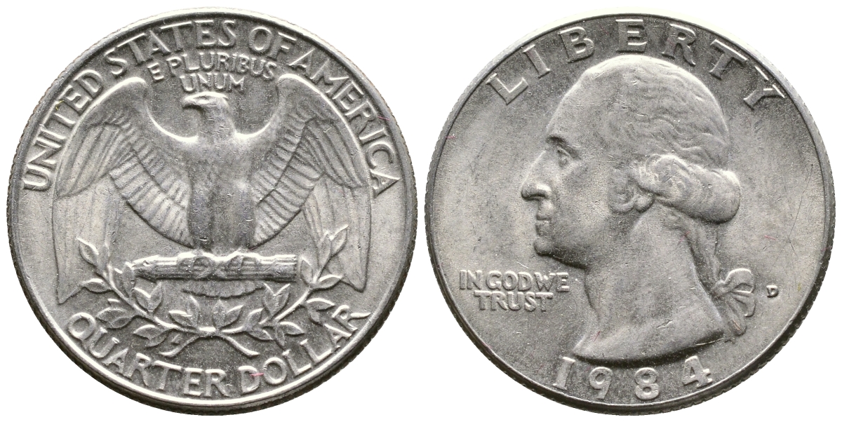 США 25 центов (квотер) 1984 D, Вашингтон KM А164а медь плакированная медно-никелем 23-122