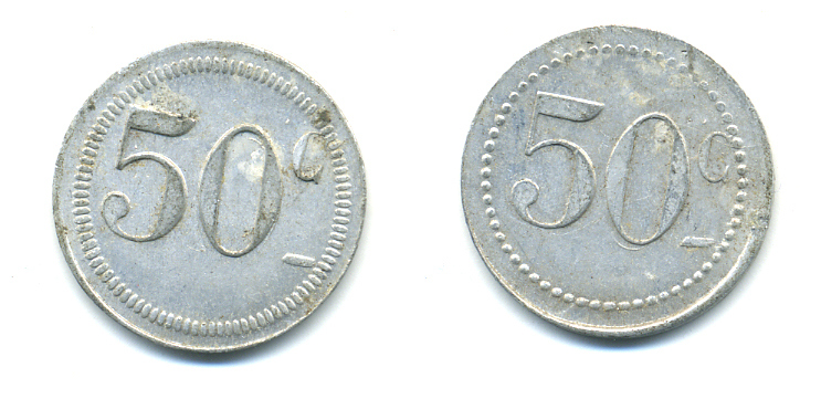 ФРАНЦИЯ 50 САНТИМОВ НАЧАЛО XX ВЕКА d 24 мм, вес около 1,0 гр., платежный жетон алюминий 89-1013