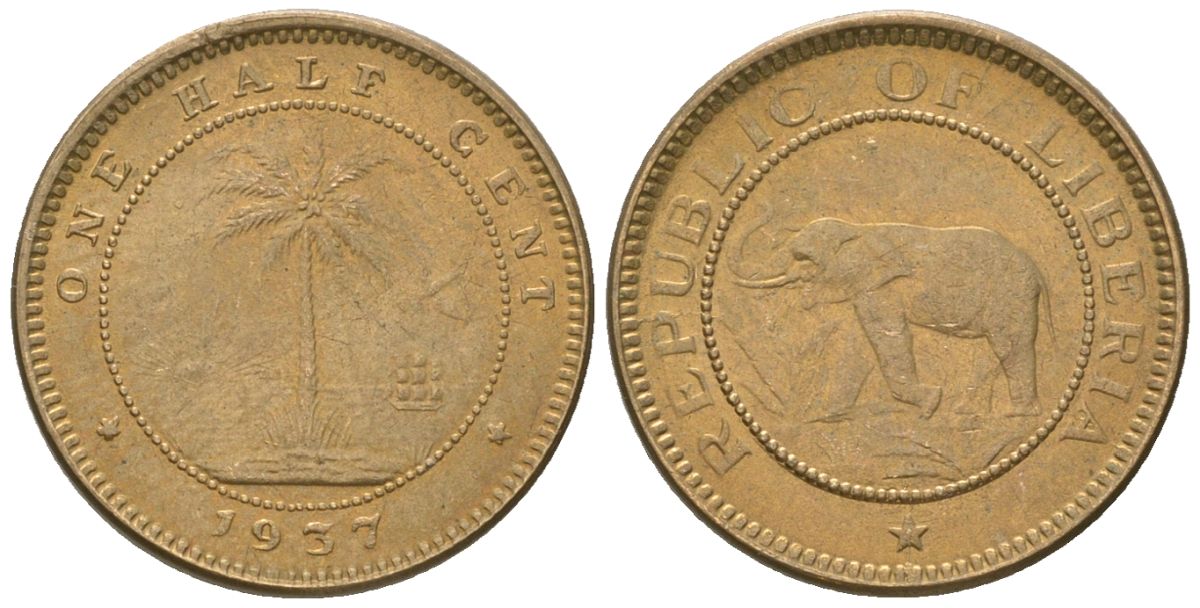 Либерия 1/2 цента 1937 KM 10 латунь aUNC 4585-1024