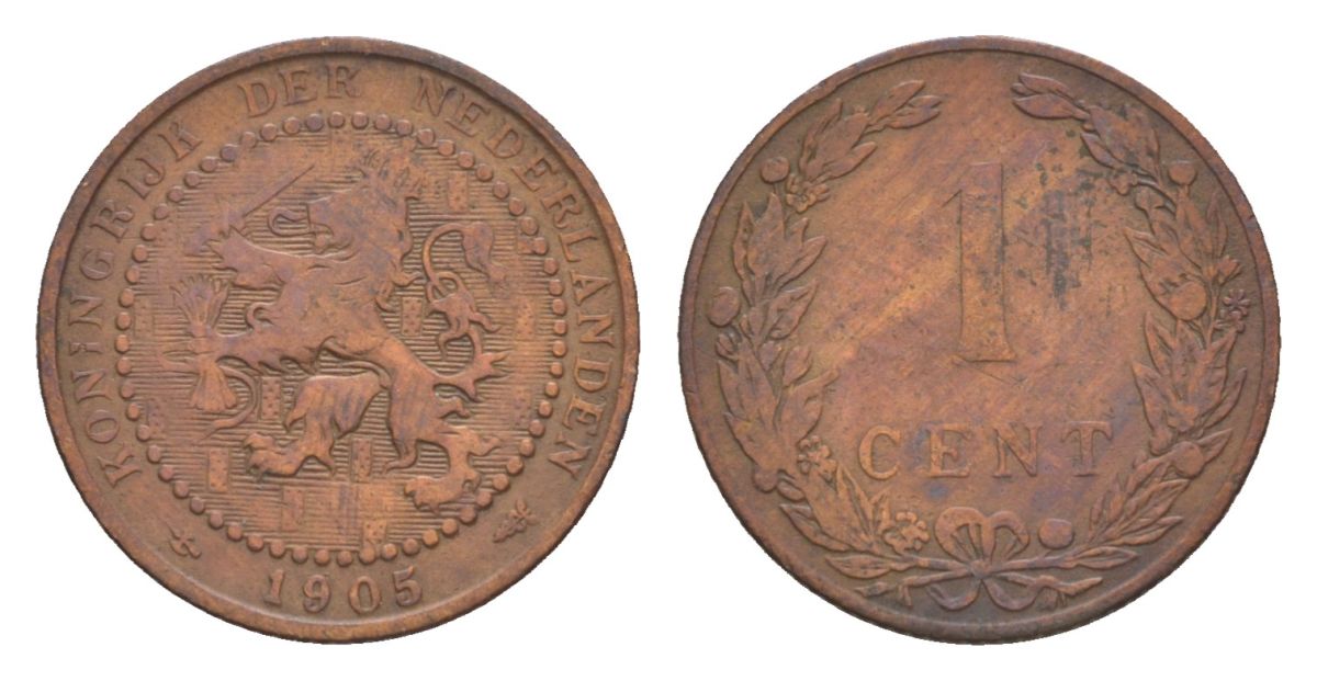 Нидерланды 1 цент 1905 Вильгельмина (1890-1948) KM 132 бронза 73-231