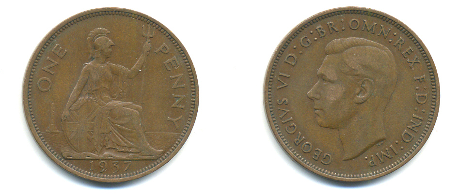 Великобритания 1 пенни 1937 Георг VI (1936-1952) KM 845, Spink 4114 бронза 89-126
