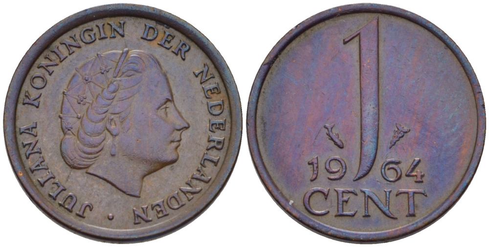 Нидерланды 1 цент 1964 Юлиана (1949-1980) KM 180 бронза 66-428