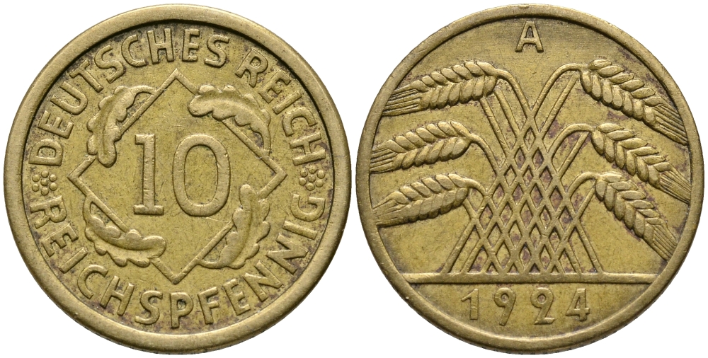 Германия 10 рейхспфеннигов 1924 A KM 40, J.317, Weege 9 алюминиевая бронза 51-655
