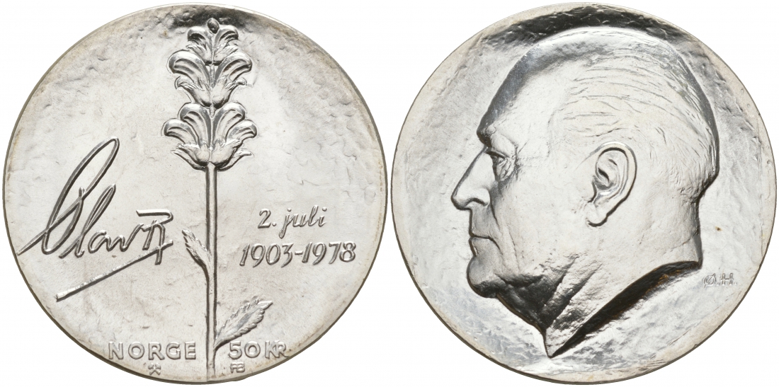 Норвегия 50 крон 1978 75 лет королю Олафу V KM 424 серебро UNC 00-00-00