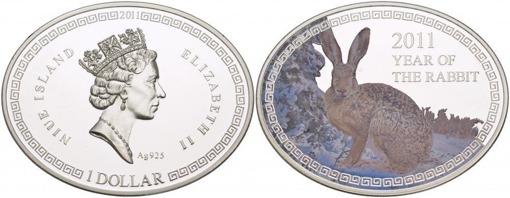 Ниуэ 1 доллар 2011 Год кролика, цветная эмаль, коробка, сертификат KM 510 серебро PROOF 4-3-3-02