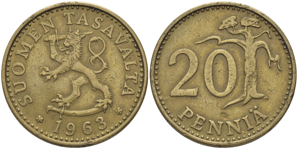 ФИНЛЯНДИЯ 20 ПЕННИ 1963 S KM 47 алюминиевая бронза 28-134