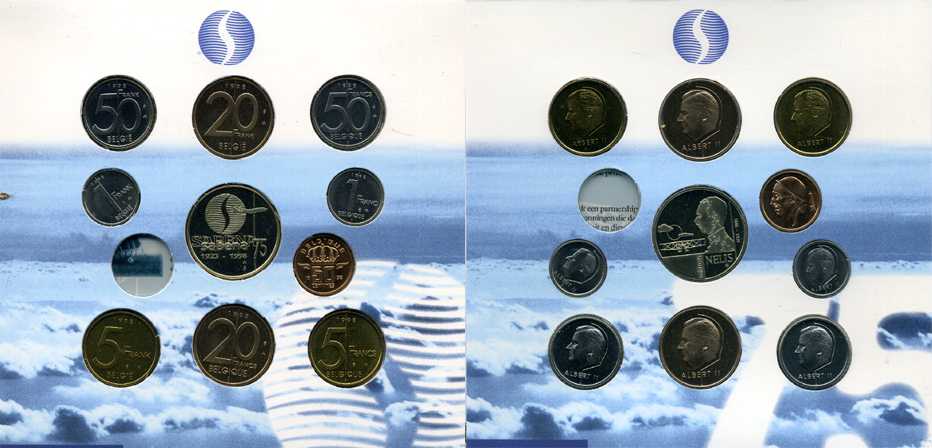 Бельгия набор из 10 монет + жетон монетного двора 1998 Belgie-Belgique, 75 лет авиакомпании Собена (SABENA) (1925-1998), в оригинальном буклете, в запайке  KM MS 10   BUNC  6-5-3-15