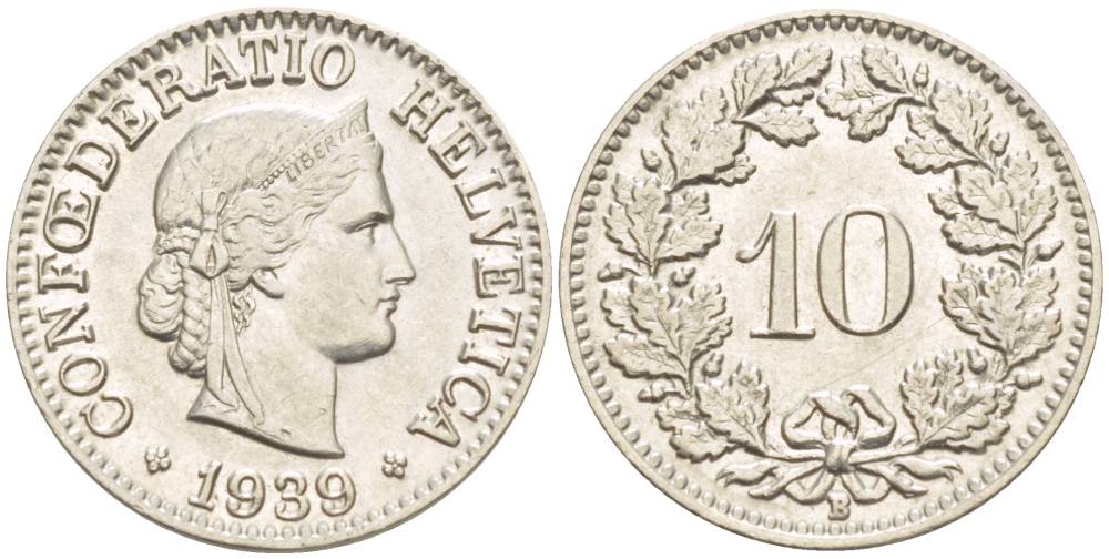 ШВЕЙЦАРИЯ 10 РАППЕНОВ 1939 В KM 27 медно-никель 216-1231