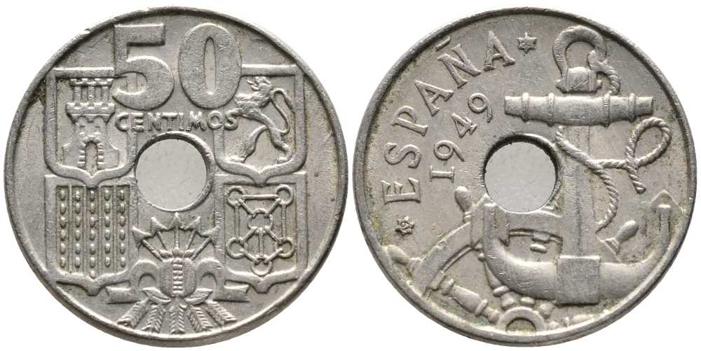 ИСПАНИЯ 50 СЕНТИМО 1949 (62) ФРАНСИСКО ФРАНКО ДИКТАТОР ИСПАНИИ (1939-1975), МОРСКАЯ АТРИБУТИКА KM 777 медно-никель 110-936