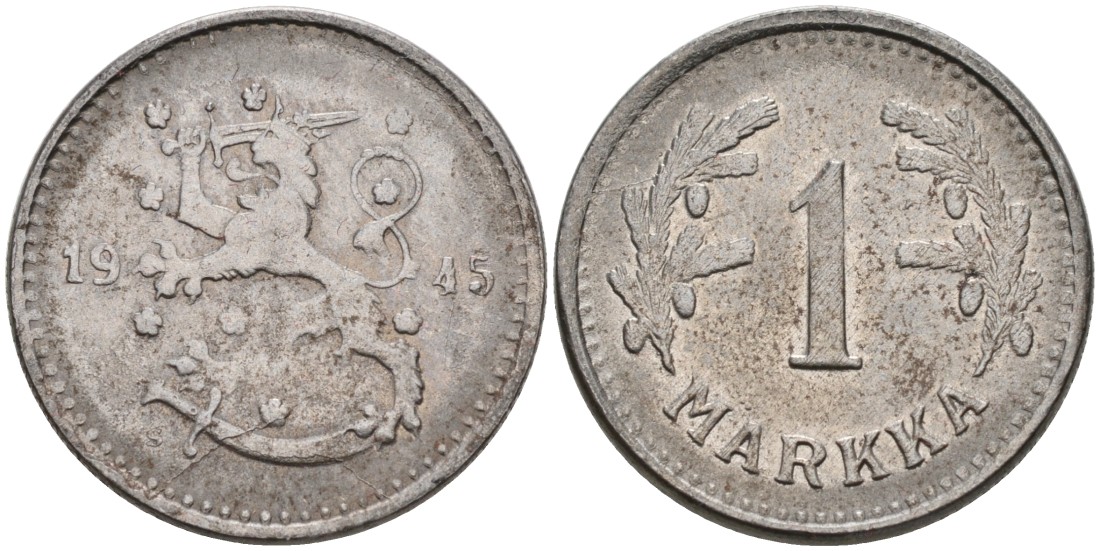 ФИНЛЯНДИЯ 1 МАРКА 1945 S KM 30b железо 4563-653