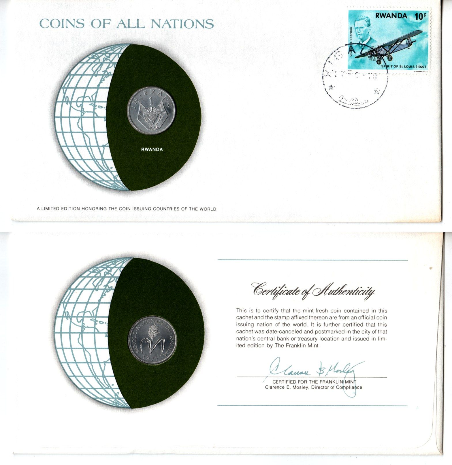 Руанда 1 франк 1977 конверт с маркой первого дня гашения, Coins of Nations KM 12 алюминий UNC 4294-29-3
