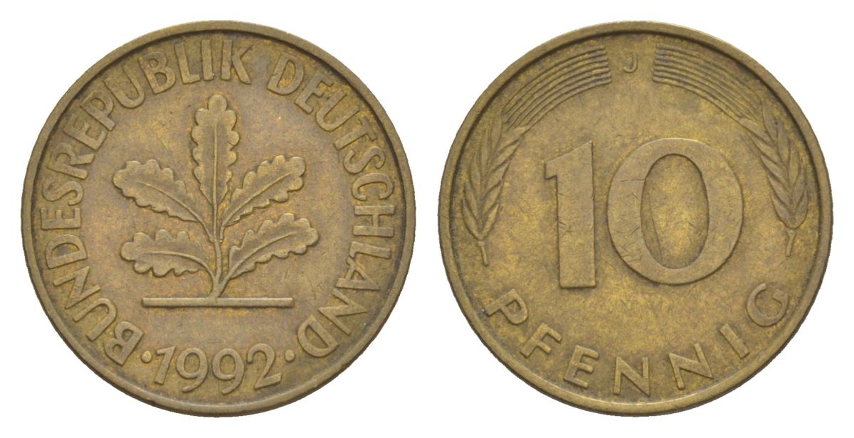 Германия 10 пфеннигов 1992 J KM 108, J. 383 сталь плакированная латунью 4627-131