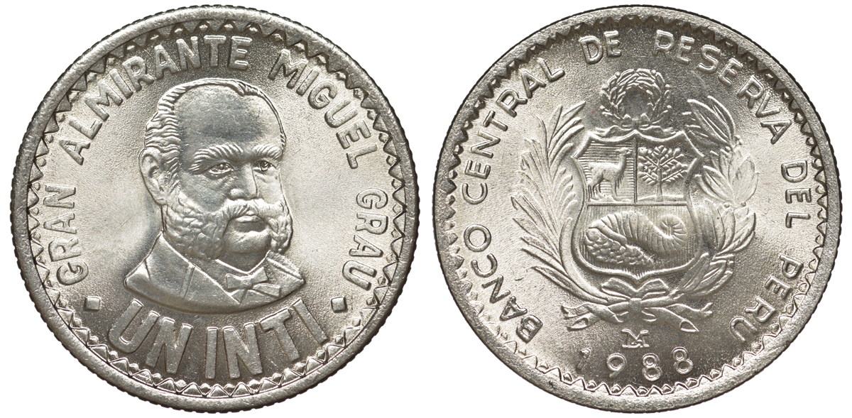 Перу 1 инти 1988 LIMA, Мигель Грау KM 296 медно-никель UNC 4605-343
