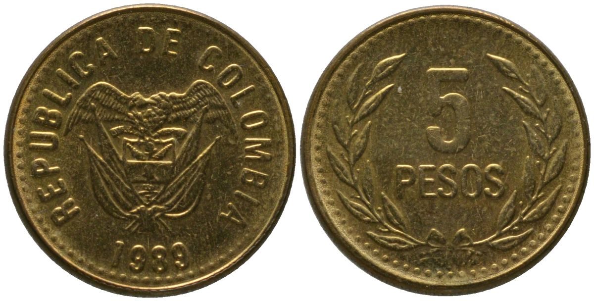 Колумбия 5 песо 1989 KM 280 алюминиевая бронза 4528-253