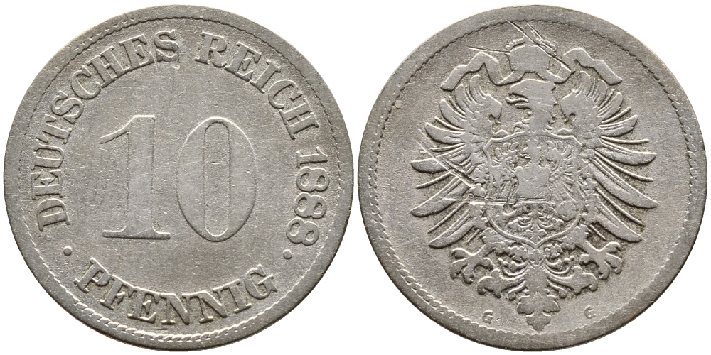 ГЕРМАНИЯ 10 ПФЕННИГОВ 1888 G, СТАРОГЕРБОВКА, KM 4, J. 4 медно-никель 85-921