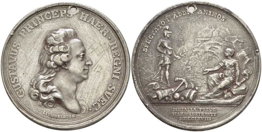 ШВЕЦИЯ МЕДАЛЬ 1768 НАЧАЛУ ПОЛИТИЧЕСКОЙ ДЕЯТЕЛЬНОСТИ ПРИНЦА ГУСТАВА III, МЕДАЛЬЕР LIUNGFERGER, ДИАМЕТР 57 ММ., ВЕС 43,39 ГР., С ОТВЕРСТИЕМ НА 12 ЧАСОВ белый металл 1084-3-12