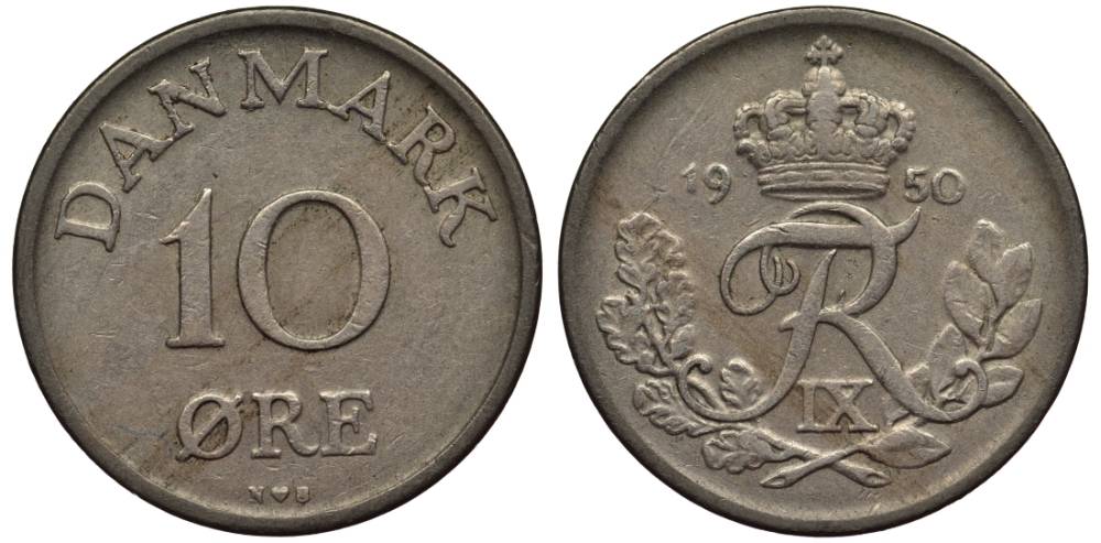 ДАНИЯ 10 ЭРЕ 1950 N; S, ФРЕДЕРИК IX (1947-1972) KM 841.1 медно-никель 4549-868