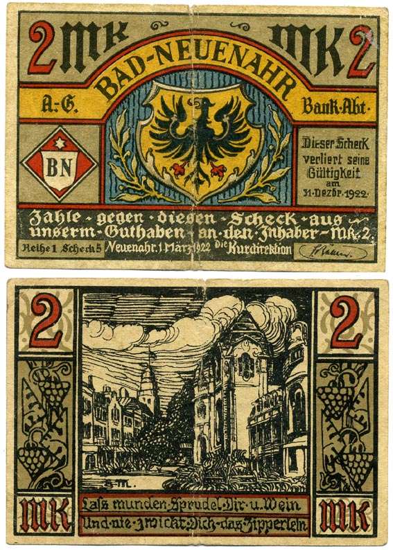 Германия, Бад-Нойенар 2 марки 1922 1 марта 1922 - 31 декабря 1922, нотгельд, REIHE 1, земля Рейнланд-Пфальц Grabowski 838.1а  бумага 7221-9-3-1