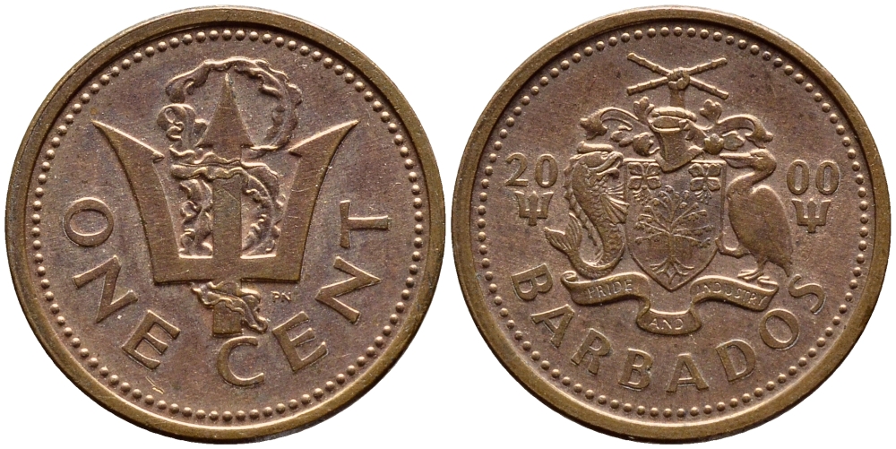 Барбадос 1 цент 2000 сломанный трезубец Британии KM 10а цинк плакированный медью 4398-616