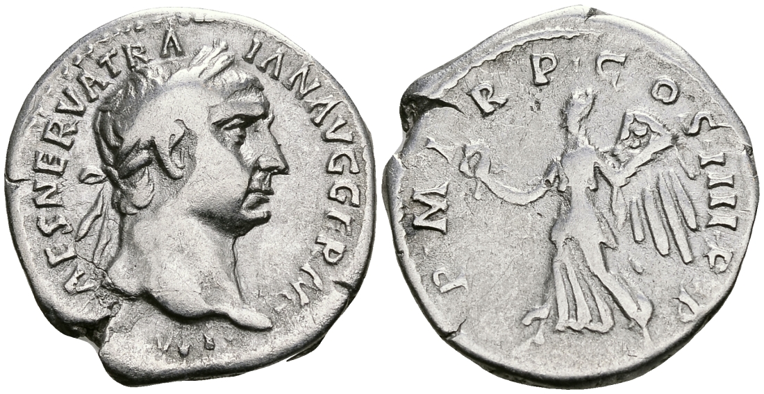 Римская Империя денарий 101 - 102 Траян PM TR P COS IIII PP Виктория, держащая венок и пальмовую ветвь Рим Very fine RIC 60 серебро 1073-4-2-7