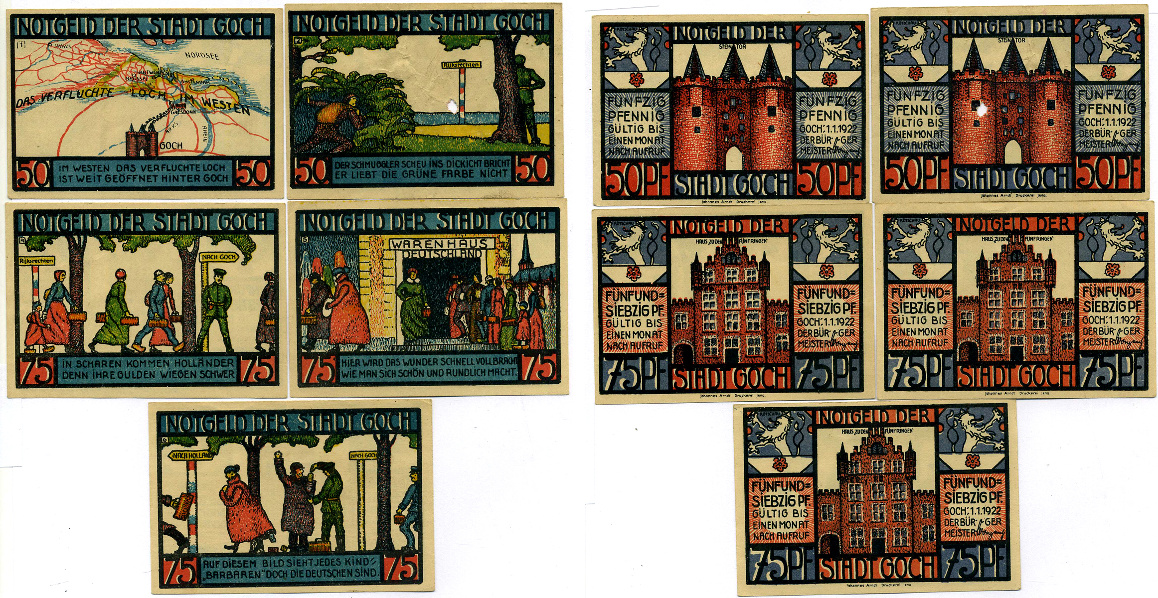 ГОХ НАБОР ИЗ 5 БАНКНОТ 1922 1 ЯНВАРЯ 1922, НОТГЕЛЬД (50, 50, 75, 75, 75 ПФЕННИГОВ), НОМЕР 1, 2, 4, 5, 6, ЗЕМЛЯ СЕВЕРНЫЙ РЕЙН-ВЕСТФАЛИЯ Grabowski 445.3а бумага 2193-6-3-2