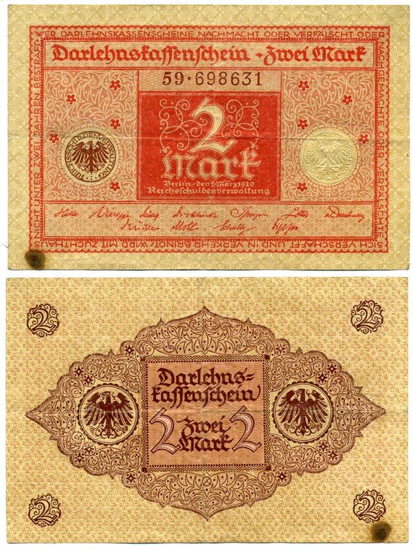 ГЕРМАНИЯ 2 МАРКИ 1920 1 МАРТА 1920, ВЕЙМАРСКАЯ РЕСПУБЛИКА, КРАСНАЯ, СЕРИЯ 59 Pick 59, Rosenberg 65b бумага 7523-14-1