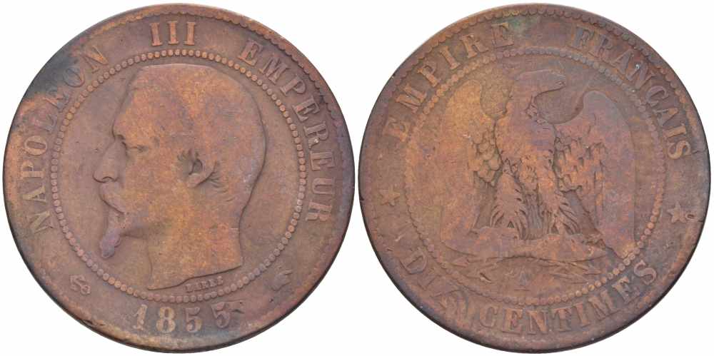 Франция 10 сантимов 1855 A, Наполеон III (1852-1870) KM 771.1, Le Franc 133.19 бронза    4680-511