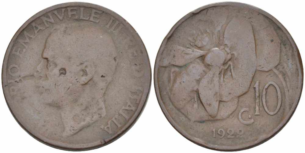 ИТАЛИЯ 10 ЧЕНТЕЗИМО 1922 R, ВИКТОР ЭМАНУИЛ III (1900-1946) ПЧЕЛА KM 60 медь 63-216