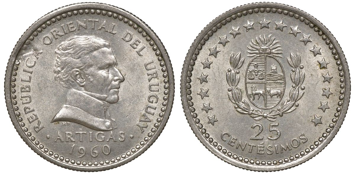 Уругвай 25 сентесимо 1960 KM 40 медно-никель 4169-916